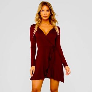 Long sleeve faux wrap burgundy dress size L